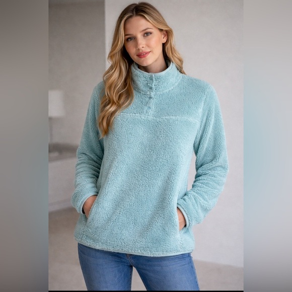Eddie Bauer Sweaters - Eddie Bauer Soft Blue Quarter Button Fleece Sweater-Jacket.    Size-Medium